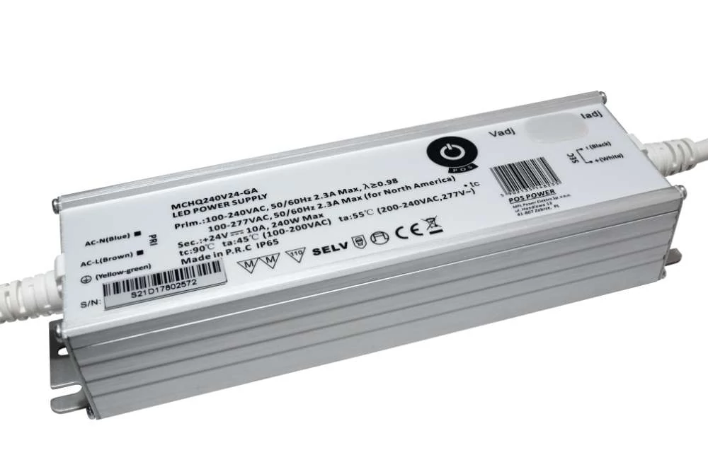 Napájací zdroj POS MCHQ240V24-GA, LED ovládač 24V/10A CV, kovové puzdro, PFC, univerzálny AC vstup (max. 305VAC), nastaviteľné Uo/Io