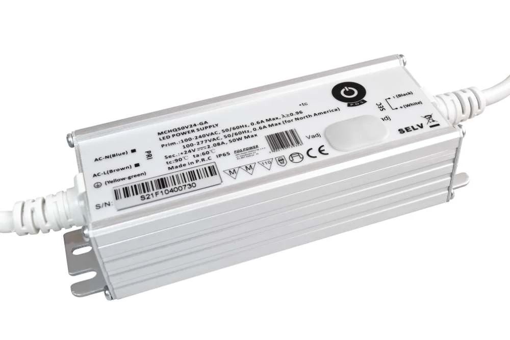 Napájací zdroj POS MCHQ50V24-GA, LED ovládač 24V/2,08A 50W CV, kovové puzdro, PFC, univerzálny AC vstup (max. 305VAC), nastaviteľný Uo/Io