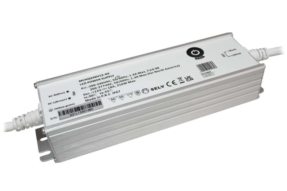 Napájací zdroj POS MCHQ240V12-GE, LED ovládač 12V/18A 216W CV, kovové puzdro, PFC, EU AC vstup (180-305VAC), IP67, nenastaviteľný
