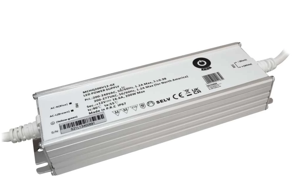 Napájací zdroj POS MCHQ200V12-GE, LED ovládač 12V/16,67A 200W CV, kovové puzdro, PFC, EU AC vstup (180-305VAC), IP67, nenastaviteľný