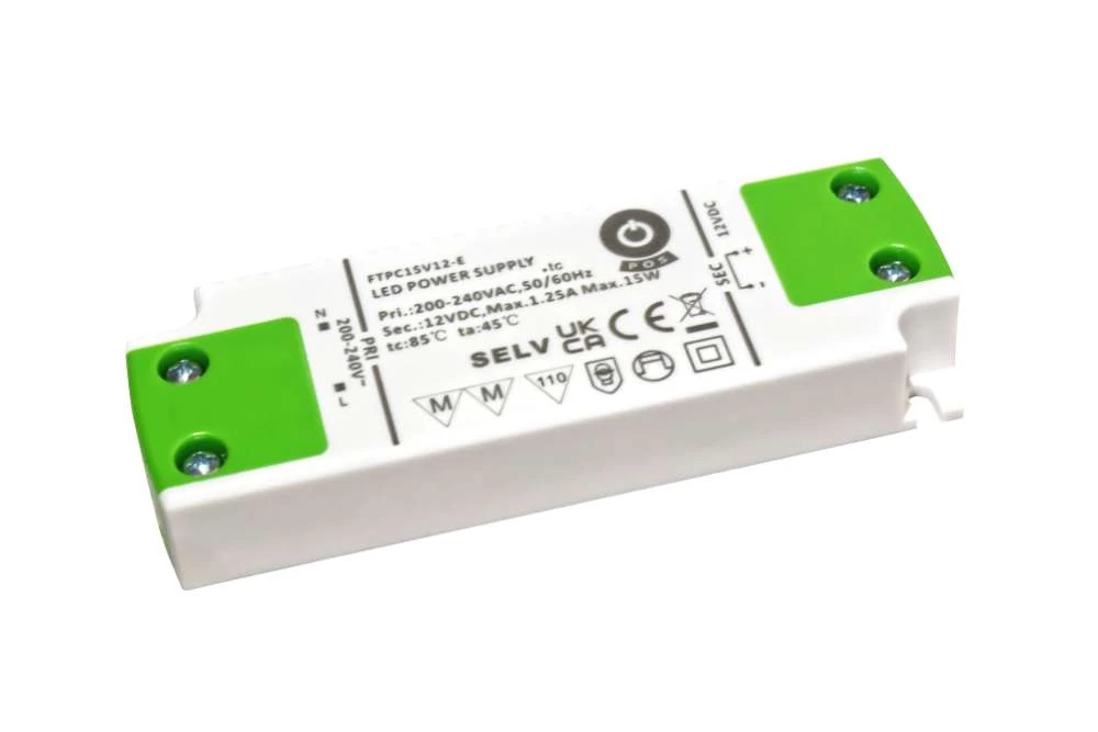 Napájací zdroj POS FTPC15V12-E, ovládač POS LED 12V/1,25A CV, kompaktné plastové puzdro. Séria SE-VF.