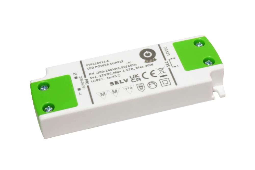 Napájací zdroj POS FTPC20V12-E, ovládač POS LED 12V/1,67A CV, kompaktné plastové puzdro. Séria SE-VF.