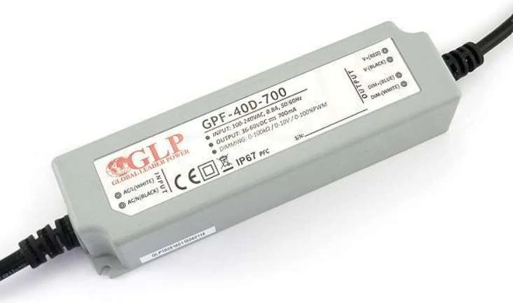 Napájací zdroj GLP GPF-40D-700, ovládač GLP LED, konštantný prúd, 40 W, 700 mA/36–60 VDC, IP67, stmievanie 3 v 1