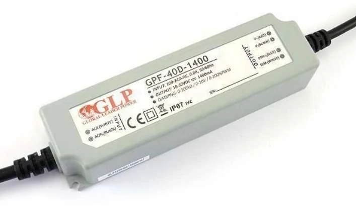 Napájací zdroj GLP GPF-40D-1400, ovládač GLP LED, konštantný prúd, 40 W, 1400 mA/18–30 VDC, IP67, stmievanie 3 v 1