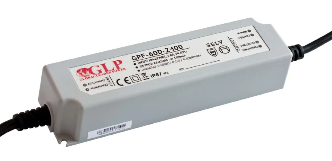 Napájací zdroj GLP GPF-60D-2100, ovládač GLP LED, konštantný prúd, 60 W, 2100 mA/14–28 VDC, IP67, stmievanie 3 v 1