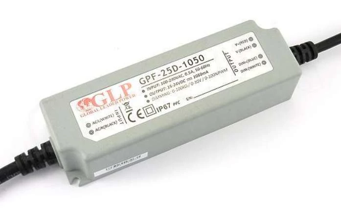 Napájací zdroj GLP GPF-25D-1050, ovládač GLP LED, konštantný prúd, 25 W, 1050 mA/15–24 VDC, IP67, stmievanie 3 v 1