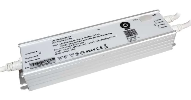 Napájací zdroj POS MCHQ320V24-GA, LED ovládač 24V/13,3A 320W CV, kovové puzdro, PFC, univerzálny AC vstup (max. 305VAC), nastaviteľné Uo/Io