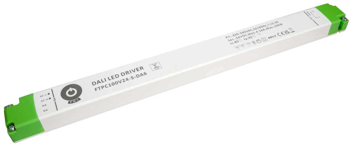 Napájací zdroj POS FTPC100V12-S-DA6, ovládač POS LED 12V/8,3A CV DALI 6 typ, so stmievaním tlačidlom, lineárne plastové puzdro