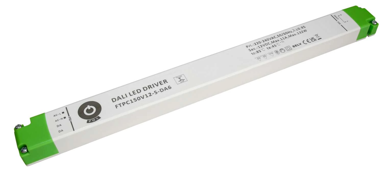 Napájací zdroj POS FTPC150V12-S-DA6, ovládač POS LED 12V/11A CV DALI typ 6, so stmievaním tlačidlom, lineárne plastové puzdro