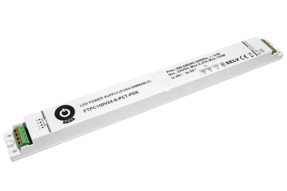 Napájací zdroj POS FTPC150V24-S-PCT-PDS, ovládač POS LED 24V/6,25A, tenké plastové puzdro, zásuvné konektory, tlačidlové ovládanie jasu (sekundárne)