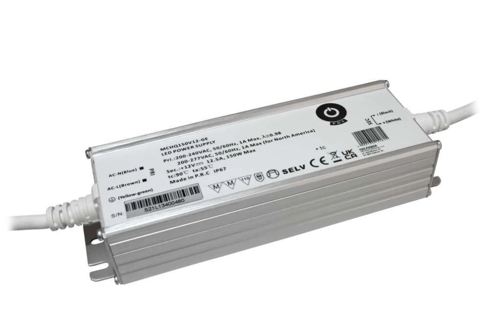 Napájací zdroj POS MCHQ150V48-GE, LED ovládač 48V/3,12A 150W CV, kovové puzdro, PFC, EU AC vstup (180-305VAC), IP67, nenastaviteľný