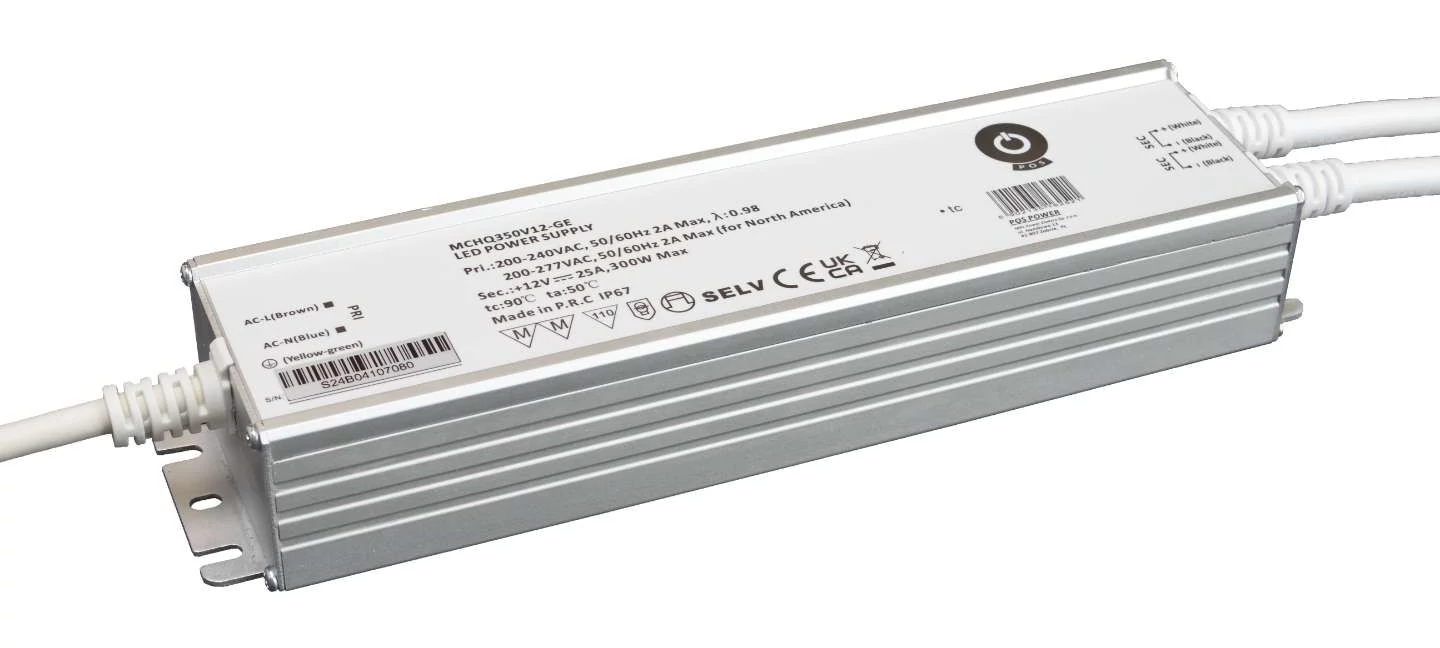 Napájací zdroj POS MCHQ350V12-GE, LED ovládač 12V/25A 300W CV, kovové puzdro, PFC, EU AC vstup (180-305VAC), IP67, nenastaviteľný