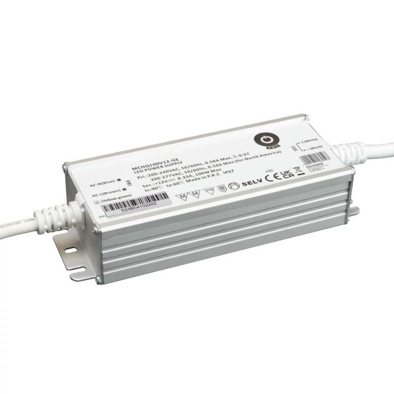 Napájací zdroj POS MCHQ100V12-GE, LED ovládač 12V/8,33A 100W CV, kovové puzdro, PFC, EU AC vstup (180-305VAC), IP67, nenastaviteľný