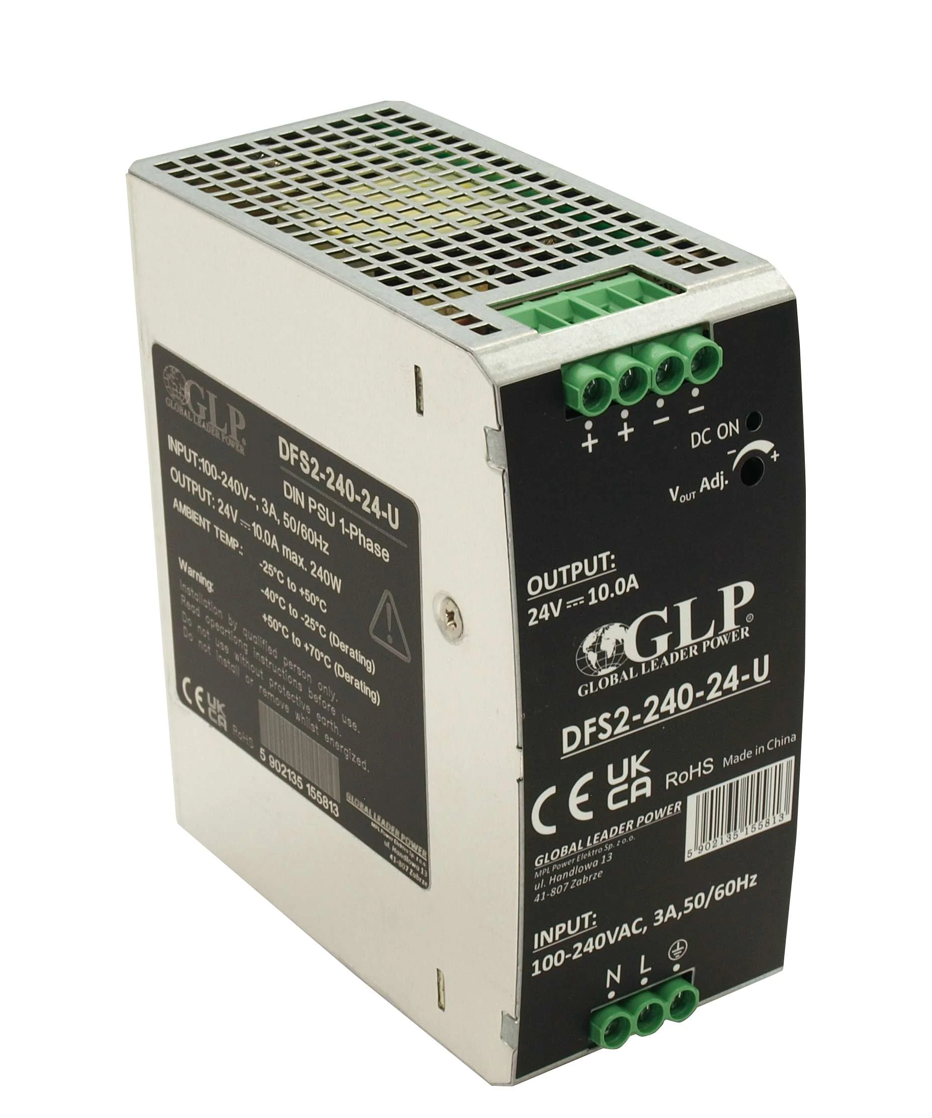 GLP DFS2-240-24-U, GLP: Napájací zdroj 24V/10A/240W na DIN lištu s kovovým puzdrom, PFC, Uin = 85-264VAC / 120-370VDC