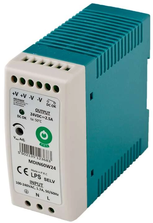 POS MDIN60W5, tenký napájací zdroj na DIN lištu 5V/8A, plastové puzdro