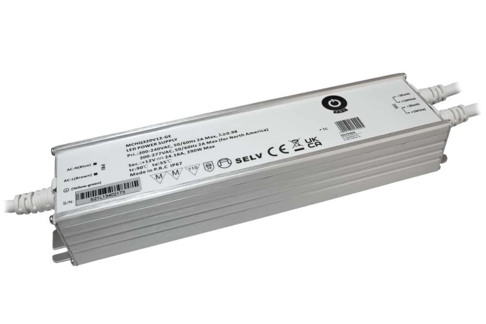 Napájací zdroj POS MCHQ320V48-GE, LED ovládač 48V/6,67A 320W CV, kovové puzdro, PFC, EU AC vstup (180-305VAC), IP67, nenastaviteľný
