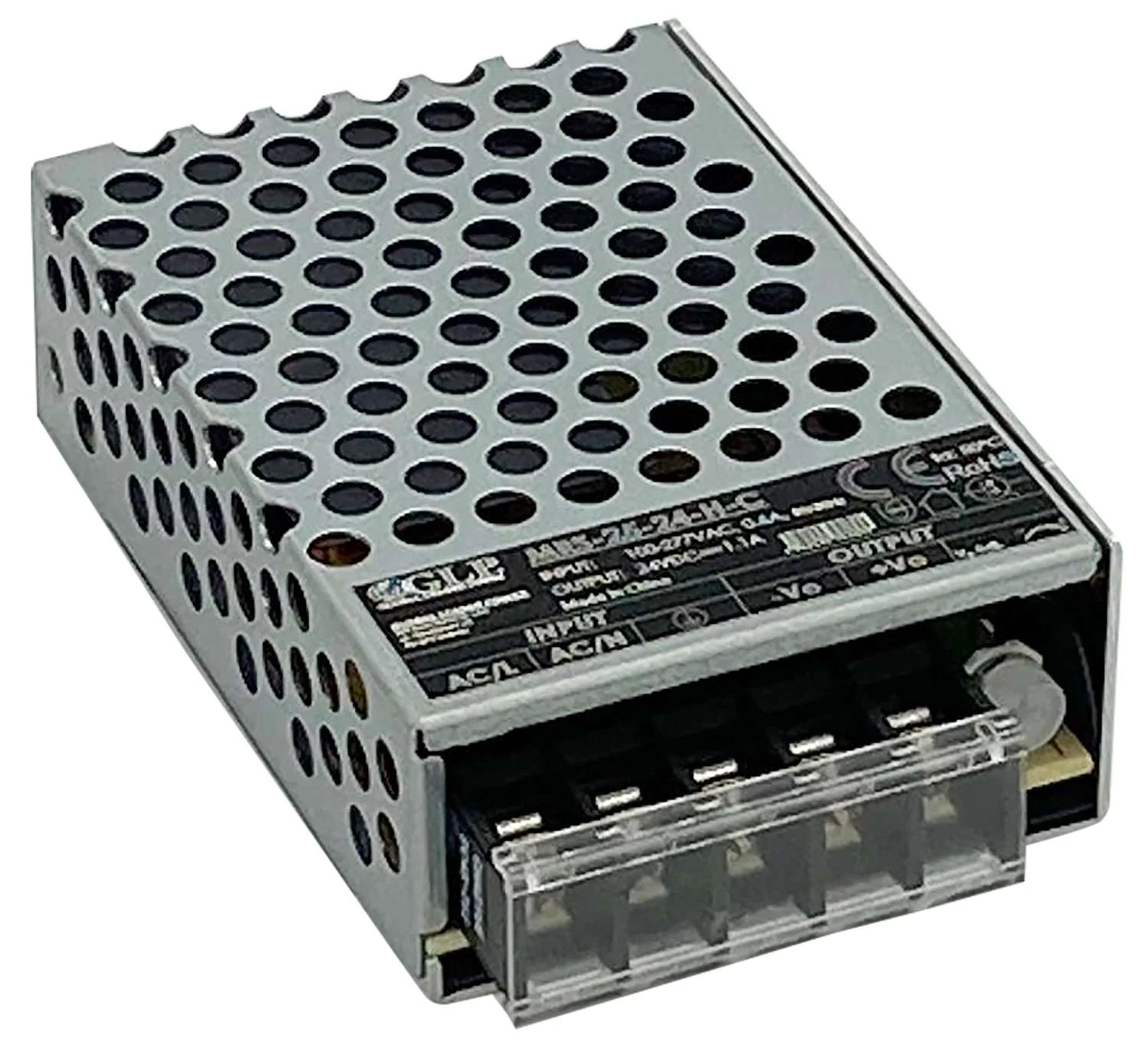 GLP MRS-25-24-HC, GLP: Zapuzdrený napájací zdroj 24 V/1,1 A/26,4 W, Uin = 85 – 305 V AC / 100 – 430 V DC, Kryt pre svorkovnicu