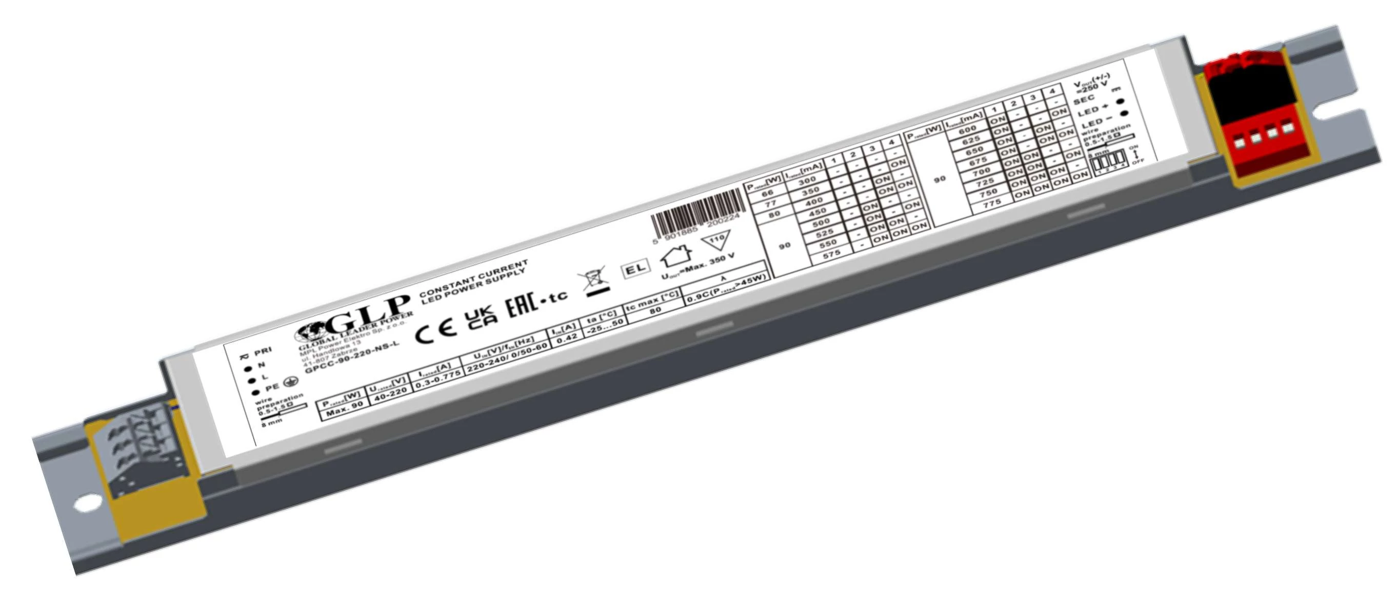 Napájací zdroj GLP GPCC-90-220-NS-L, LED ovládač 90 W s konštantným prúdom, s DIP prepínačom 300-775 mA, bez SELV, 211x31x22 mm