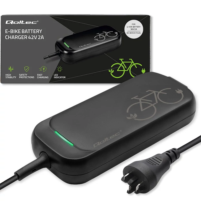 Qoltec rýchlonabíjačka pre e-bike Bosch 36V | 42V | 2A | Bosch konektor | vodotesná + napájací kábel