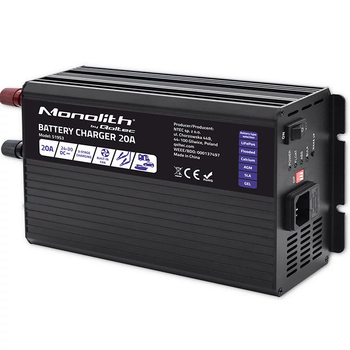 Qoltec Smart Monolith charger for LiFePO4 AGM GEL SLA batteries | 20A | 24V
