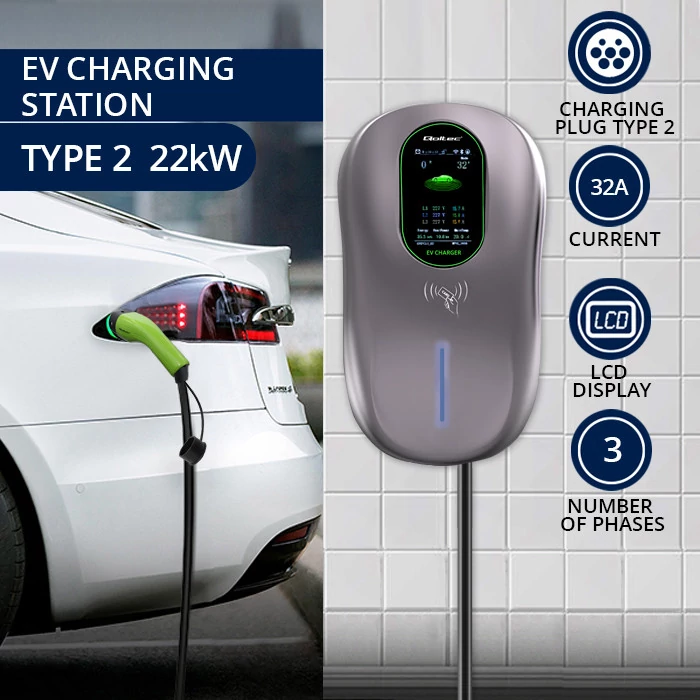 Qoltec EV Charging Station 2-in-1 Type2 | 22kW | Wi-fi| LCD | RFID | 3 phases | Wallbox | 5m
