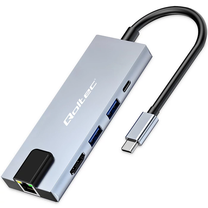 Qoltec Hub adaptér USB-C 5v1 | USB-C PD 100W | 2x USB | HDMI 4K | RJ45