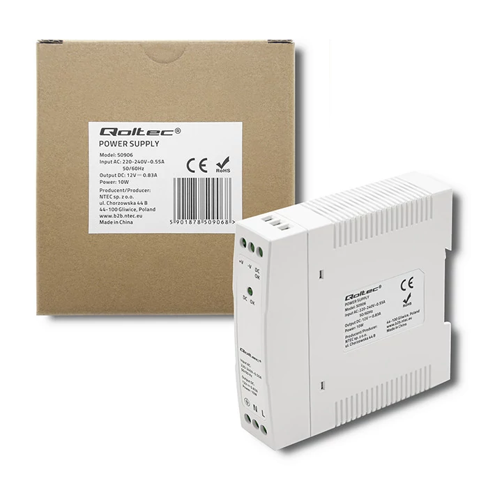 Napájací zdroj Qoltec na DIN lištu | 10W | 12V | 0,83A | Biely | Tenký