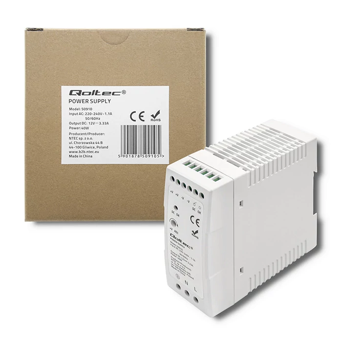 Napájací zdroj Qoltec na DIN lištu | 40W | 12V | 3,33A | Biely | Tenký