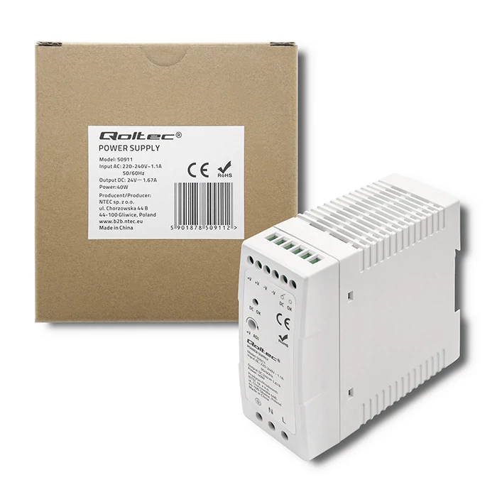 Napájací zdroj Qoltec na DIN lištu | 40W | 24V | 1,67A | Biely | Tenký