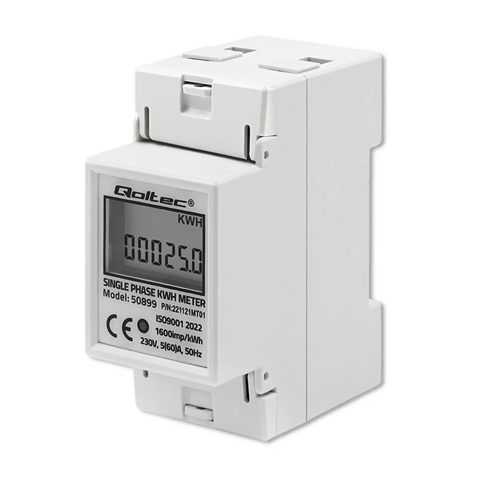 Jednofázový elektronický merač spotreby energie Qoltec | 230 V | LCD | 2P | montáž na DIN lištu