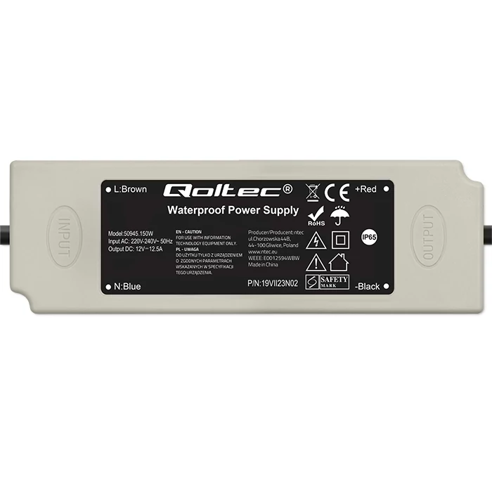 Qoltec LED ovládač IP67 150W | 12V | 12,5A | Vodotesný | Biely