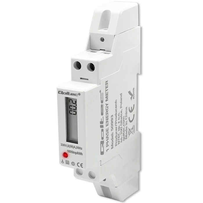 Jednofázový elektronický merač Qoltec | Merač spotreby energie na DIN lištu | 230V | 30A | LCD | 1P