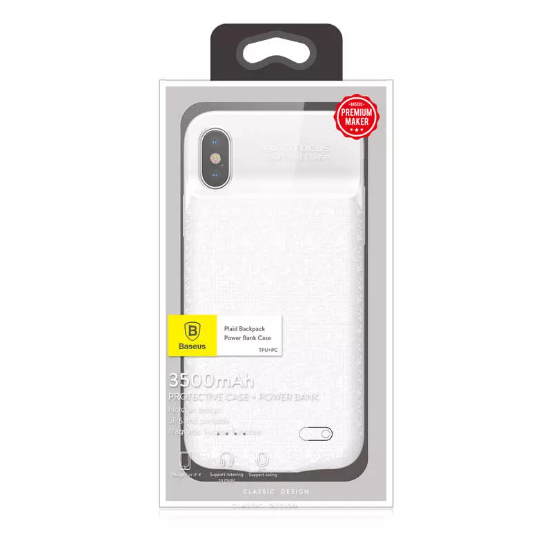 Baseus Plaid Backpack Power Bank 3500 mAh Apple iPhone X Akkumulátoros Tok - Fehér (ACAPIPHX-BJ02)