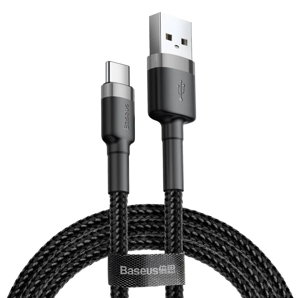 Baseus Type-C USB C Cafule Adat- és töltőkábel 2A 3m Szürke + Fekete (CATKLF-UG1)