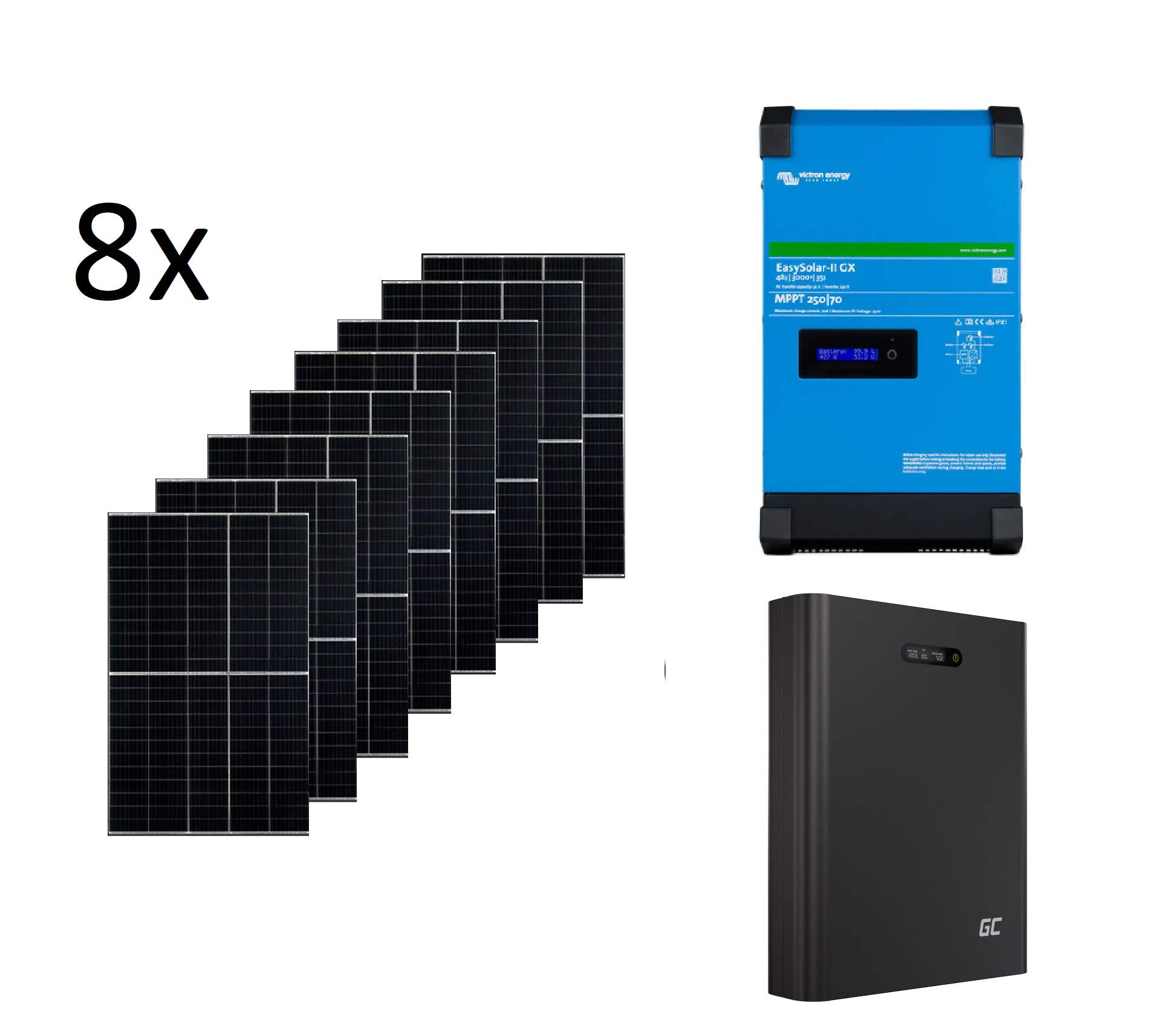 Szigetüzemű napelemes MPPT rendszer csomag / szett Victron Energy EASYSOLAR-II 48V 3000VA / 2400W PowerNest Energiatároló 8x405W napelem