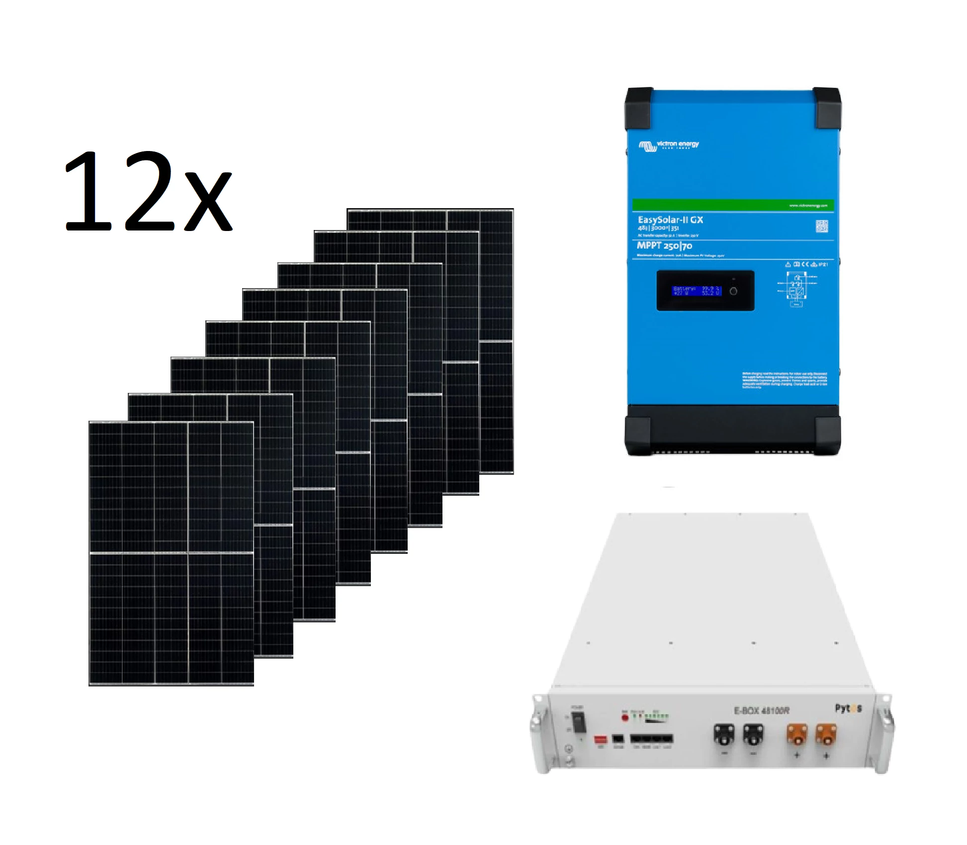 Szigetüzemű napelemes MPPT rendszer csomag / szett Victron Energy EASYSOLAR-II 48V 5000VA / 4000W PYTES E-BOX Energiatároló 12x405W napelem