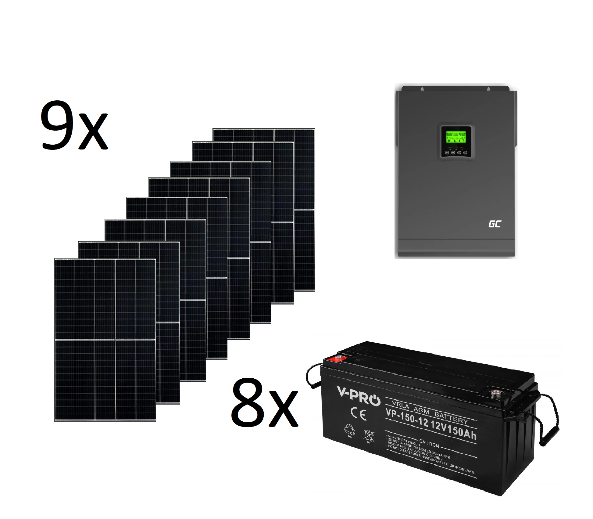 Szigetüzemű napelemes MPPT rendszer csomag / szett 48V DC 3000W AGM 300Ah Akkumulátor 9x405W napelem