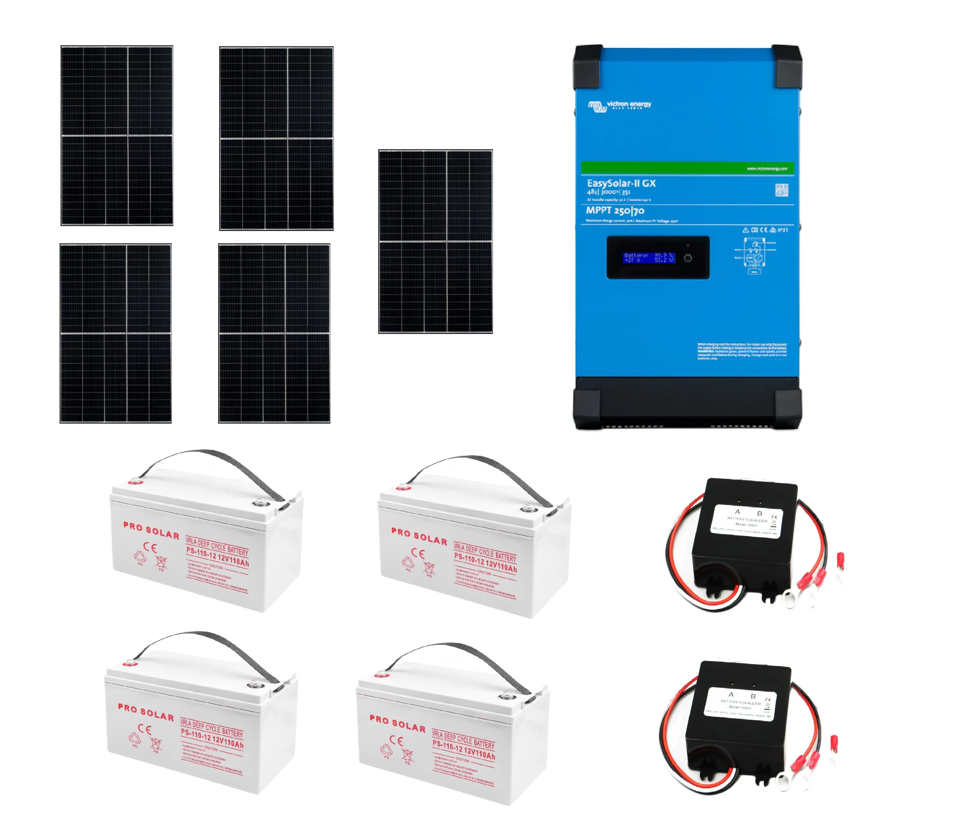 Szigetüzemű napelemes MPPT rendszer csomag / szett Victron Energy EASYSOLAR-II 24V 3000VA / 2400W AGM 4x110Ah Akkumulátor 5x405W napelem