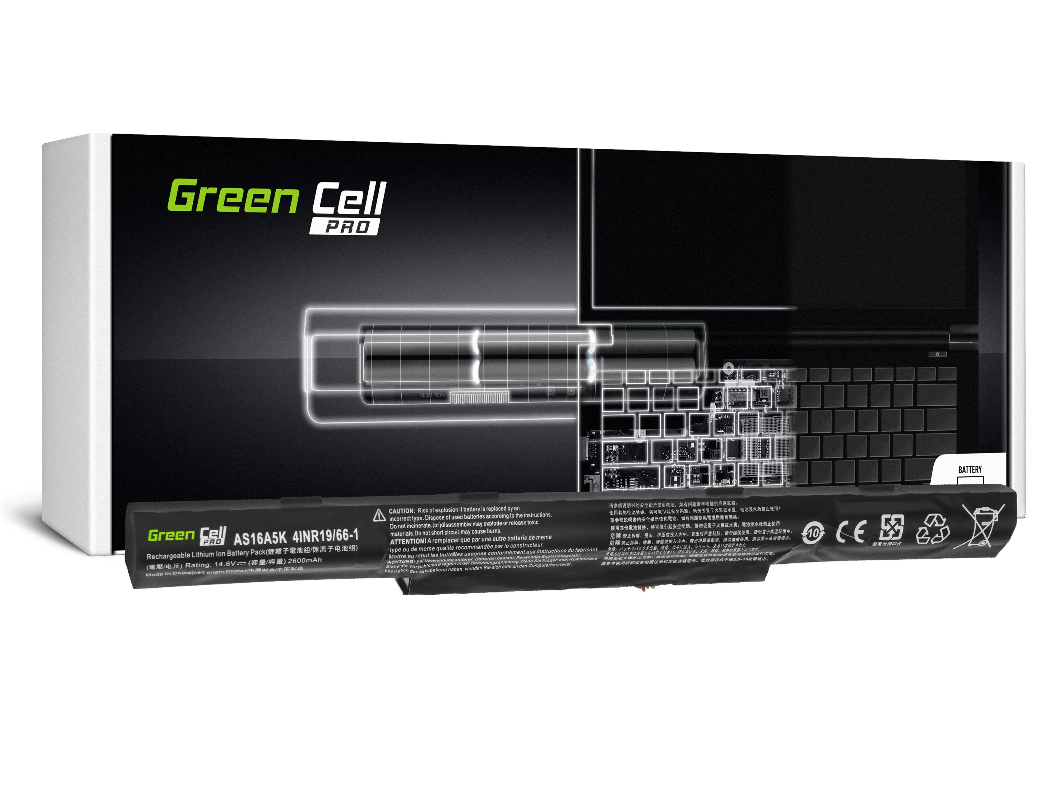 Green Cell Pro Laptop akkumulátor AS16A5K Acer Aspire E15 E5-553 E5-553G E5-575 E5-575G F15 F5-573 F5-573G / 14,6V 3200mAh