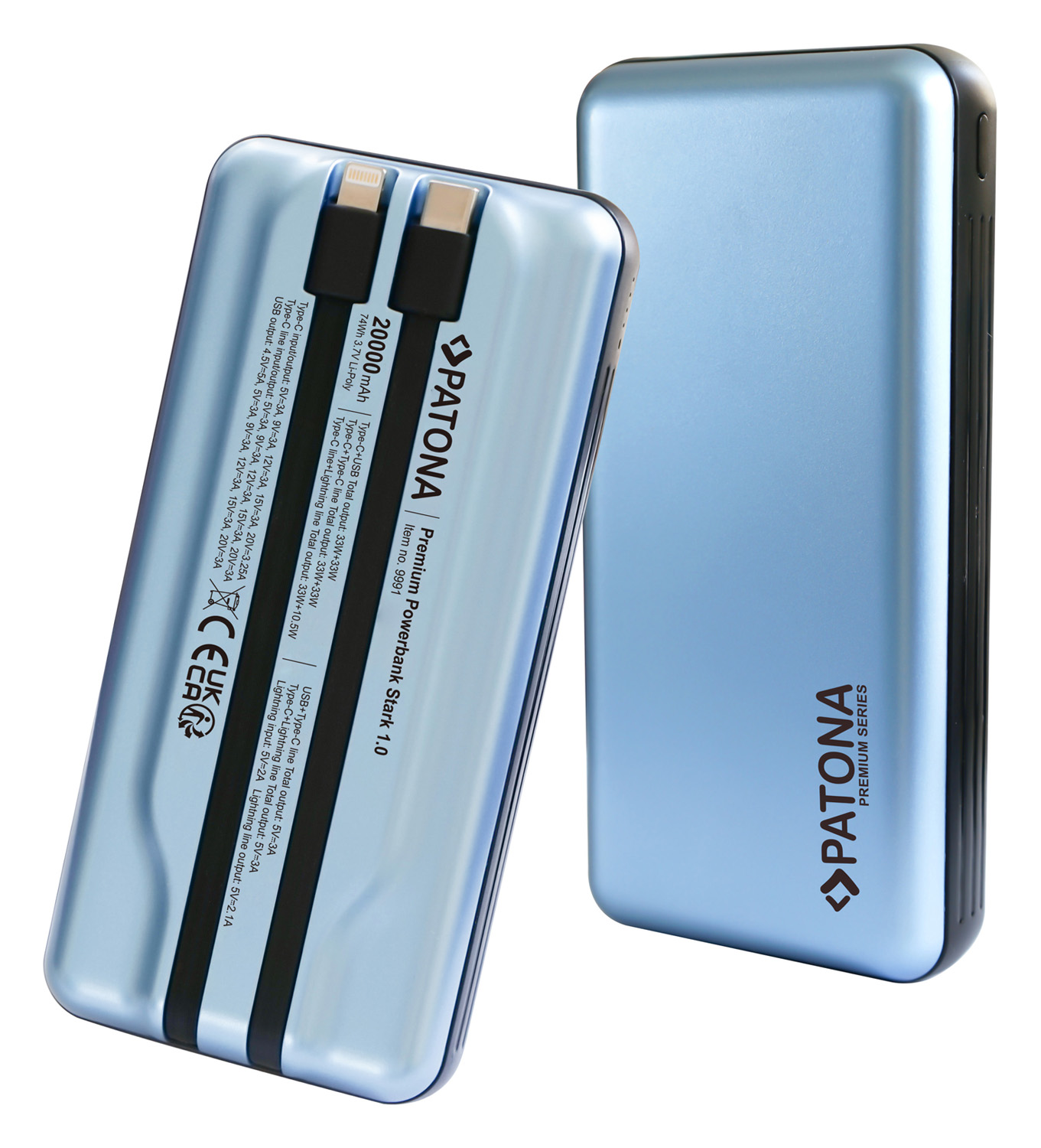 PATONA Premium Powerbank Stark 1.0 PD65W 20000mAh 2 integrált töltőkábellel USB-C Lightning