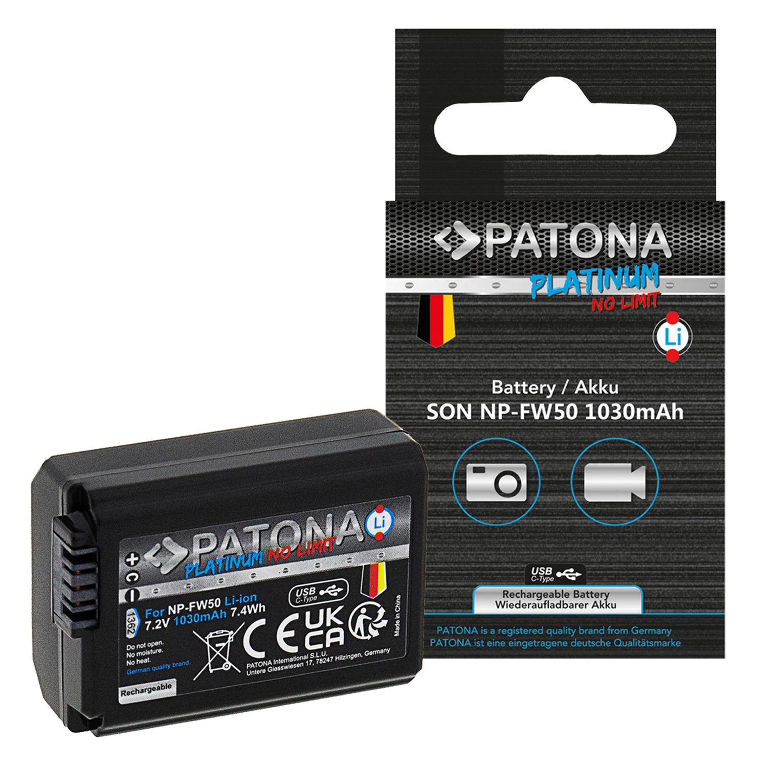 PATONA platinum akkumulátor USB-C bemenettel f. Sony NP-FW50 NEX.3 NEX.3C NEX.5 NEX.5A