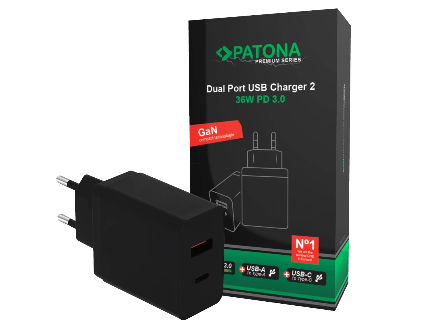 PATONA Premium PD36W Adapter  5V/3A 9V/2A 12V/1.5A 1xUSB-C 1xUSB-A PD3.0 QC3.0