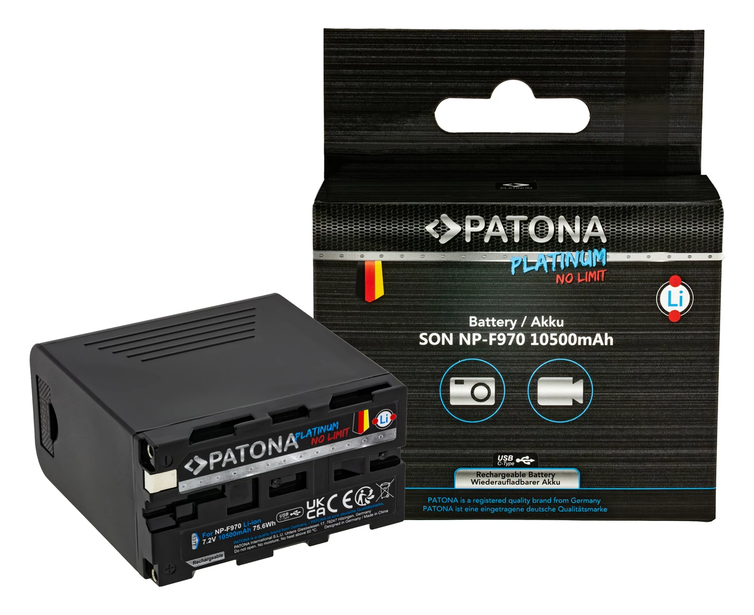 PATONA platinum akkumulátor PD20W USB-C be-/kimenettel f. Sony NP-F970 F960 F950 PD20W USB-A 5V/2A