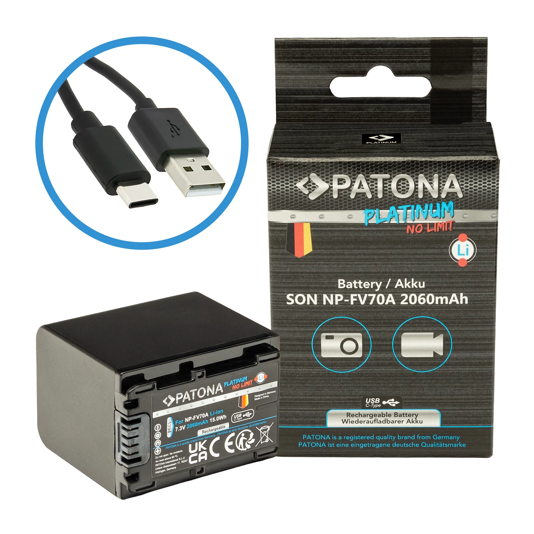 PATONA platinum akkumulátor Sony NP-FV70A DCR-SR100 DCR-DVD703E HDR-CX12E készülékhez USB-C bemenettel