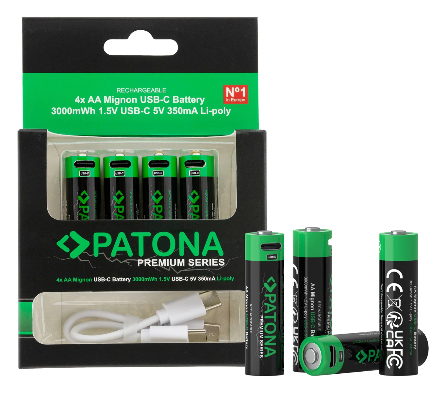 PATONA Premium USB-C 4x AA Mignon nabíjateľné lítiové batérie 3000 mWh 1,5 V nabíjateľné pomocou 1-2 USB-C nabíjacích káblov