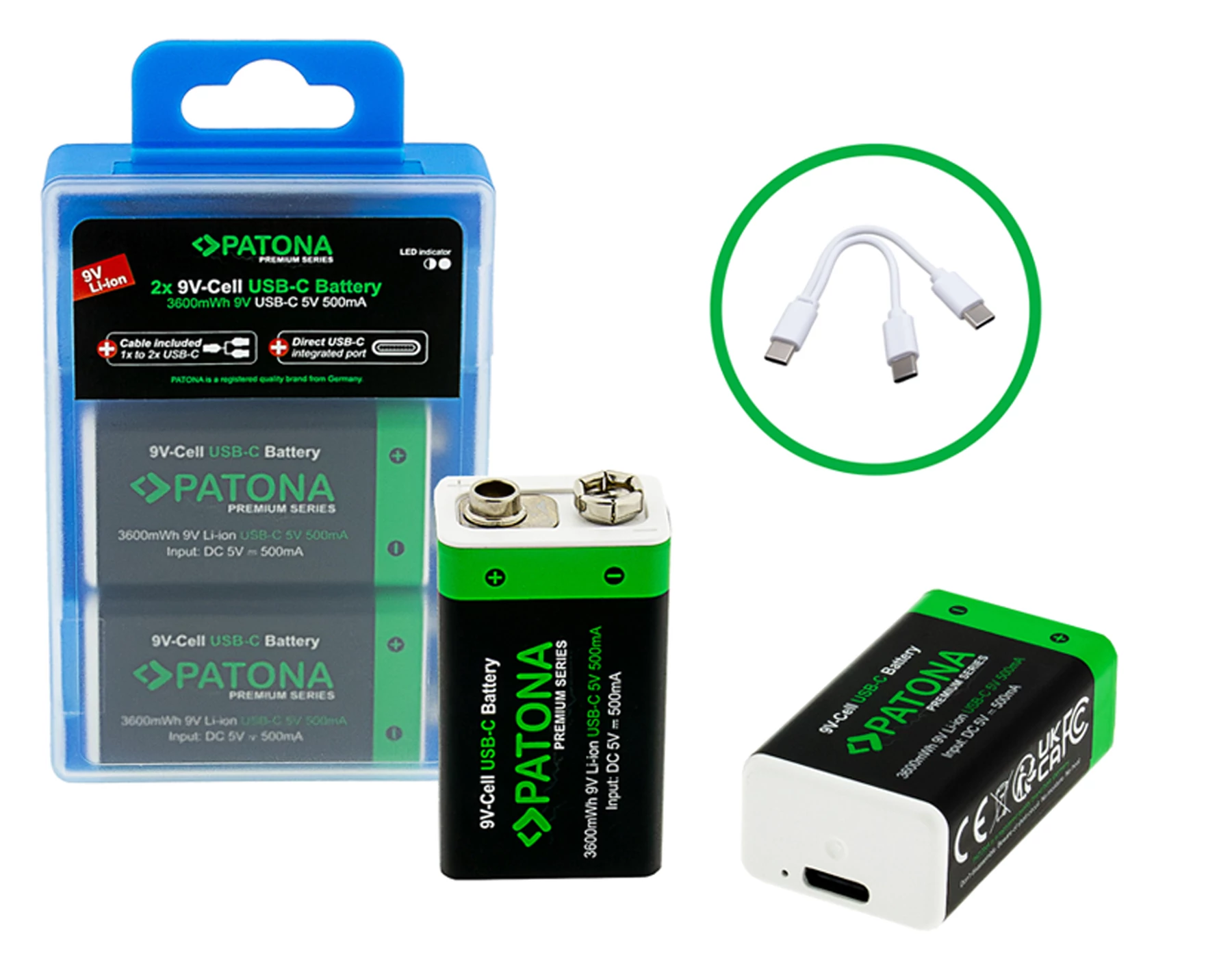 PATONA Premium USB-C 2x 9 Volt blokové batérie 6F22 Lítium 3600mWh 1.5V nabíjateľné s 1 na 2 USB-C nabíjacím káblom