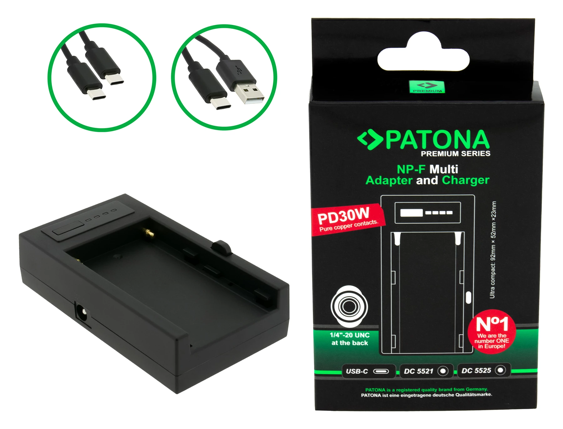 PATONA Premium Multi adaptér a nabíjačka f. Sony NP-F Serie PD30W USB-C DC5521/DC5525 DC8V/12V s 1/4palcovým závitom