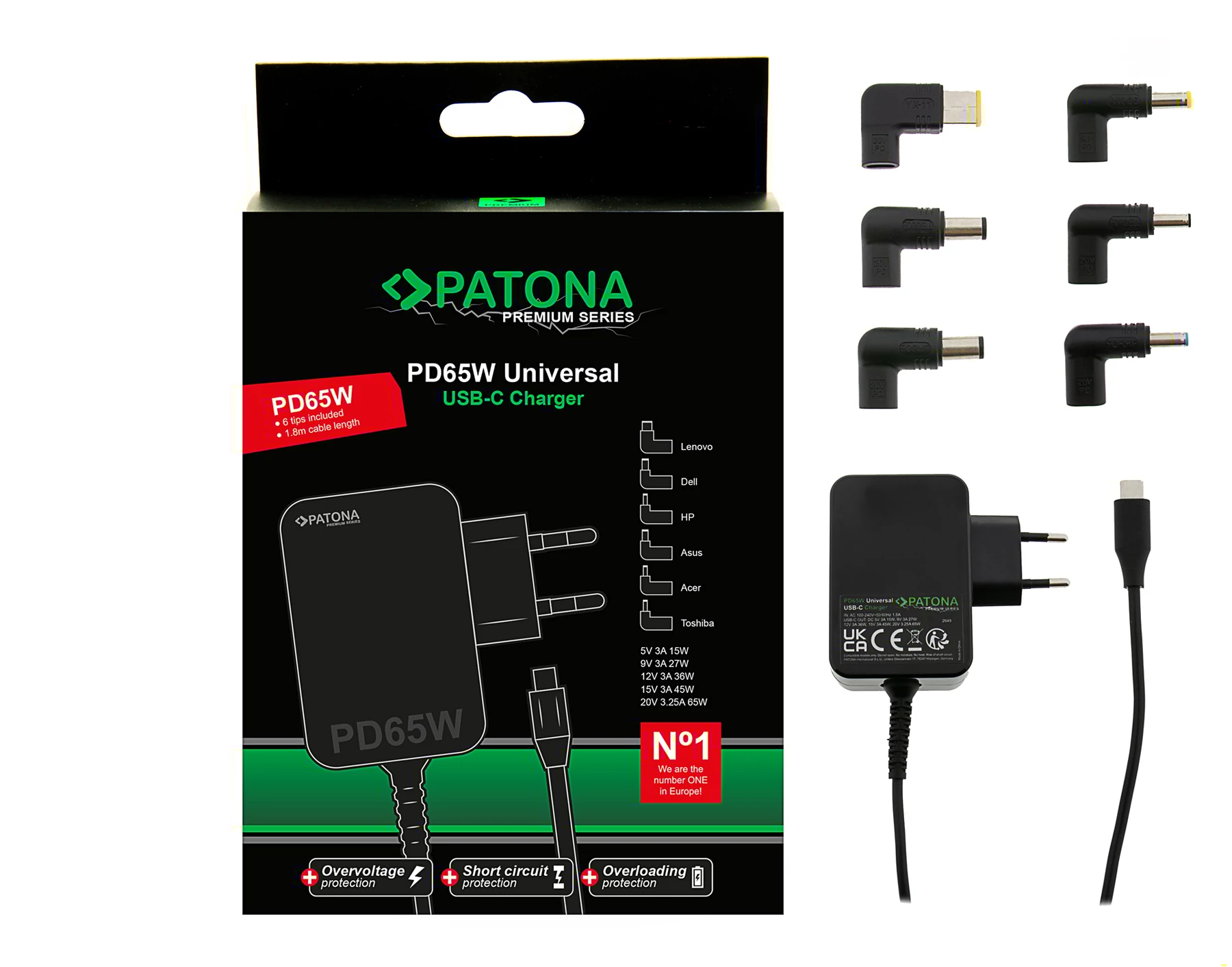  PATONA Premium PD65W Napájací zdroj 5V/3A 9V/3A 12V/3A 15V/3A 20V/3.25A USB-C pre Asus, Lenovo, Dell atď. – PATONA Premium Series