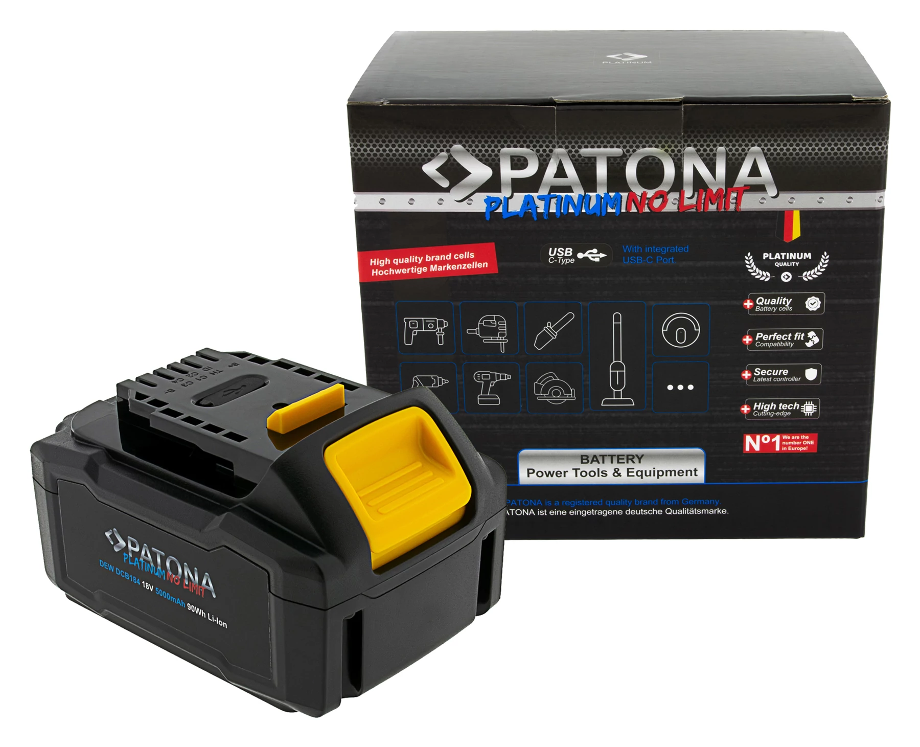 PATONA Platinum 18V batéria Dewalt DCB184 pre sériu Dewalt XR s USB-C PD65W vstupom a výstupom