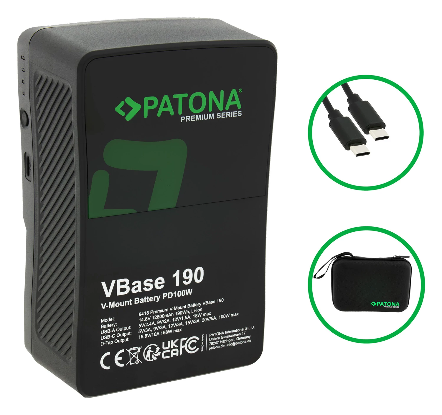 PATONA Premium V-Mount batéria VBase 190 PD100W 190Wh USB-C USB-A D-Tap Samsung články vrátane pevného puzdra